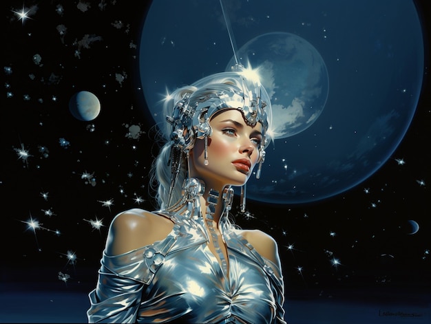 a woman in a silver outfit with a blue background with stars.