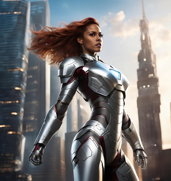 Photo a woman in a silver suit with red hair is walking in a city