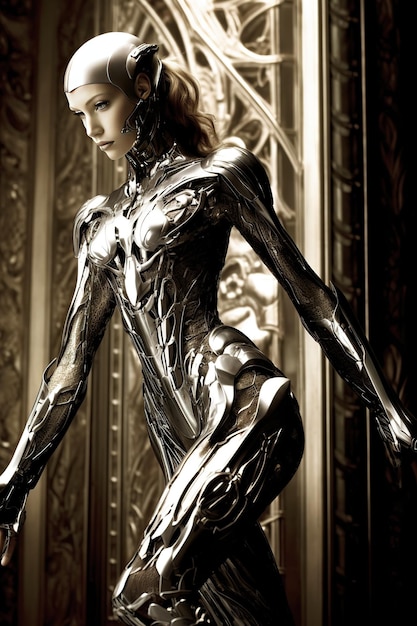 A woman in a silver suit with the word terminator on the front