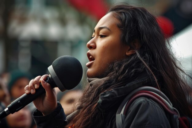 Woman Singing Into Microphone in Front of Crowd Generative AI