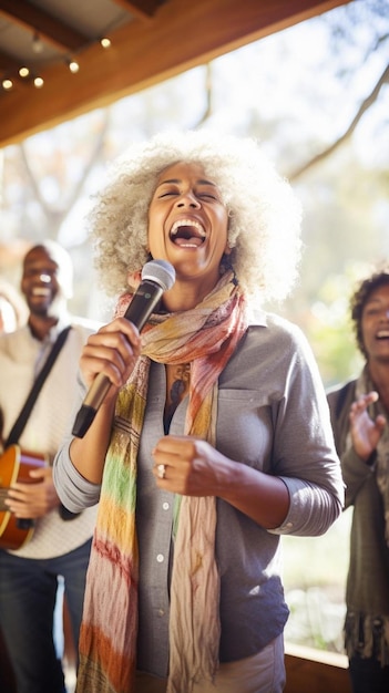 a woman singing into a microphone in front of a group of people