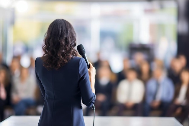 Photo a woman singing into a microphone with a crowd in the background