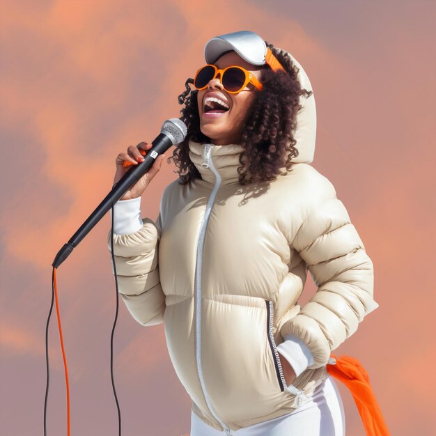 A woman singing into a microphone with a pink sky behind her.