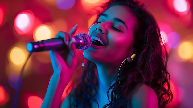 a woman singing into a microphone with the word  on it