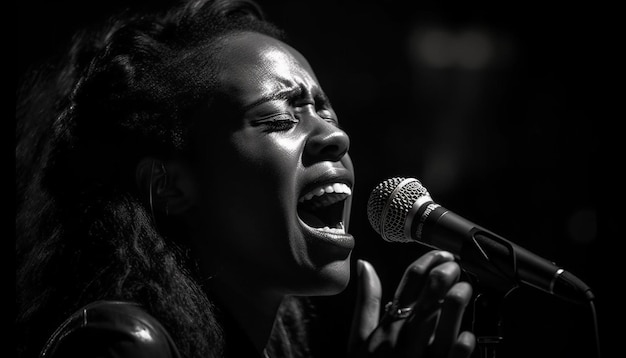 A woman singing into a microphone with the word jazz on the front.
