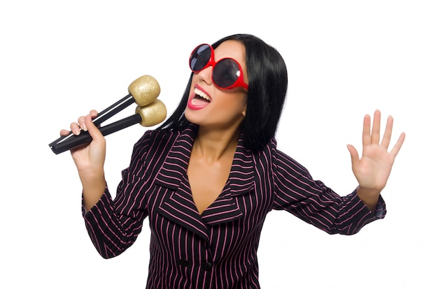 Woman singing in karaoke club isolated on whie