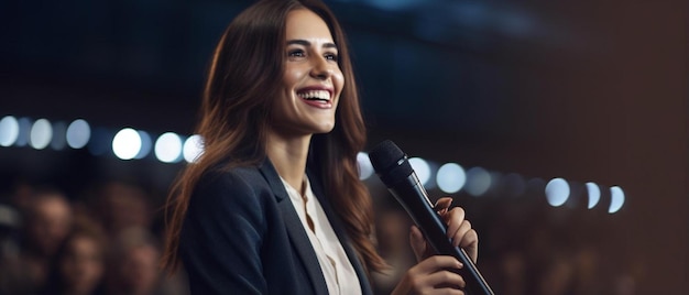 a woman singing in a microphone with a smile