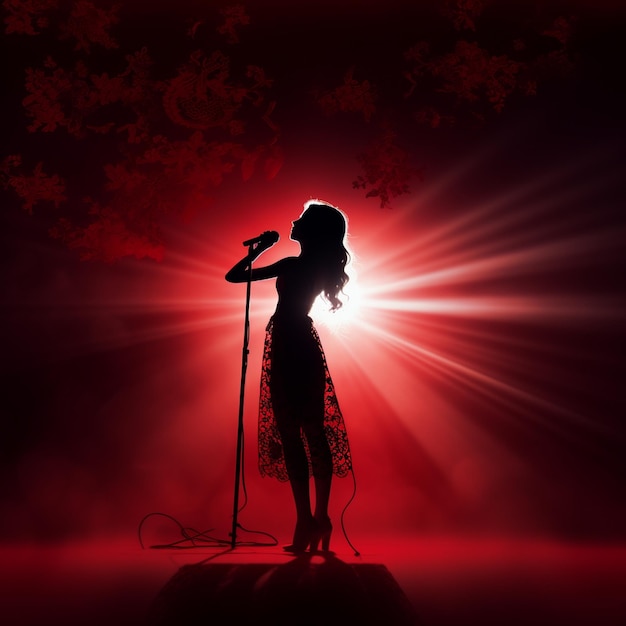 a woman singing on a stage with a microphone in front of a red background.