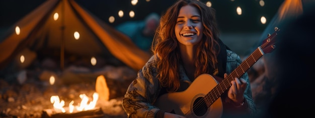 여자는 자연 속의 불 옆에 앉아 노래하고 기타를 연주합니다
