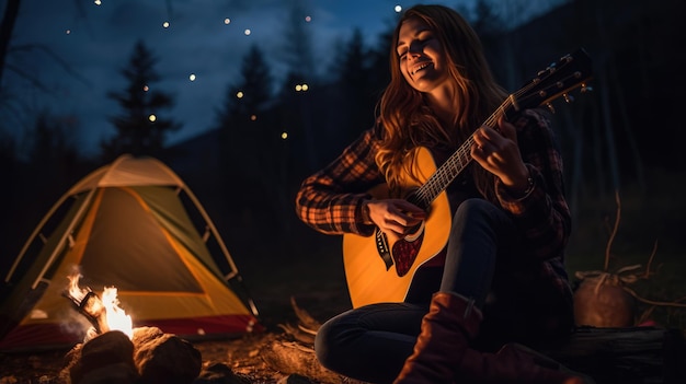 Woman sings and plays guitar sitting by the fire in nature