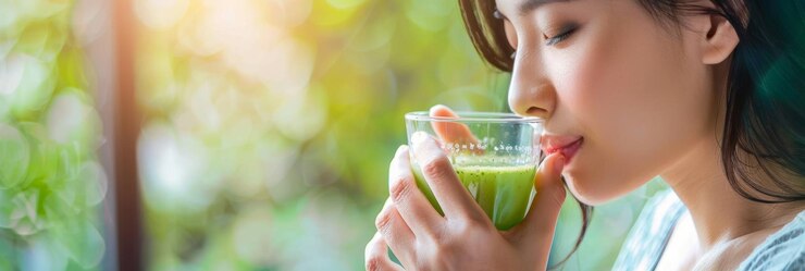 アボカドオイルをすすむ女性がその健康上の利点を宣伝しています