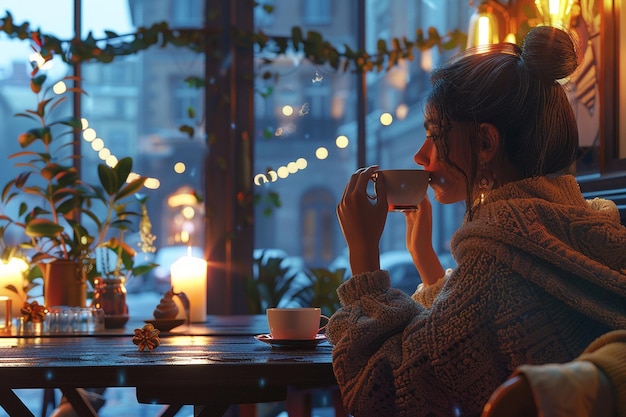 Photo woman sipping coffee in a cozy cafe