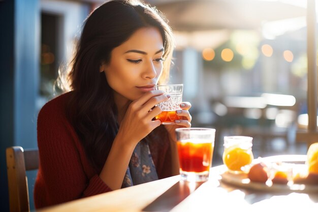 写真 陽台のテーブルでネグロニを飲んでいる女性顔に太陽の光