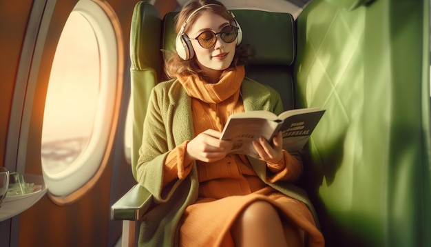 A woman sits in an airplane reading a book.