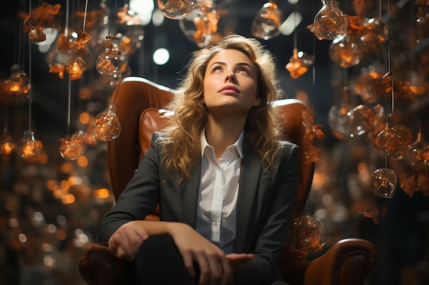 A woman sits in an armchair in a dark room with a light in the background.