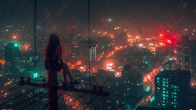 женщина сидит на балконе с видом на город ночью