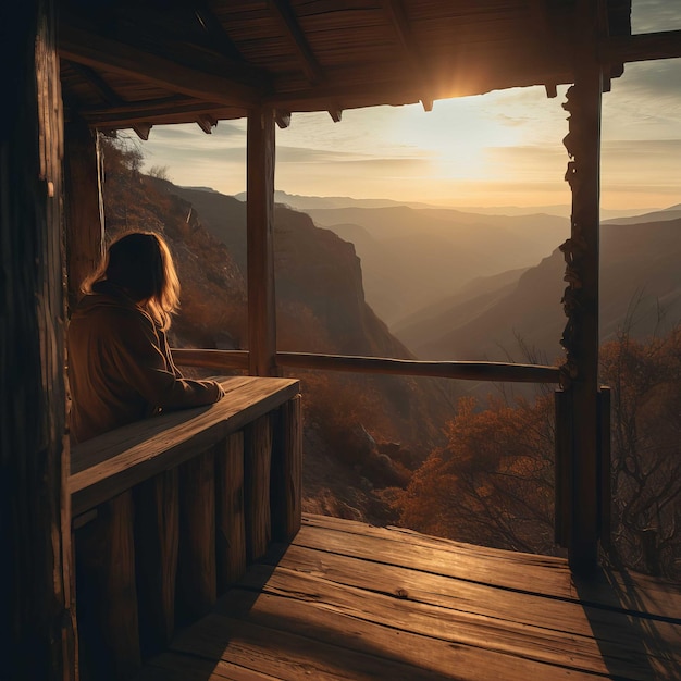 A woman sits on a balcony overlooking a valley with mountains in the background.