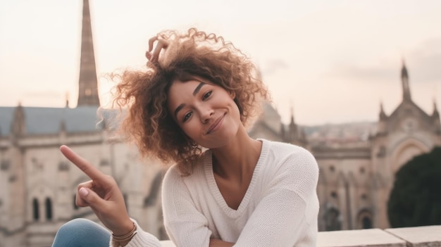 A woman sits on a balcony with a man in a white sweater and a woman in a white sweater and jeans.