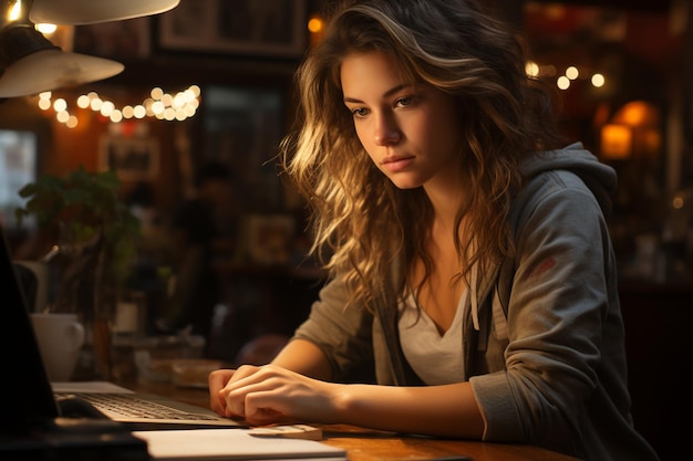 A woman sits at a bar, looking at a laptop.