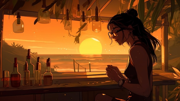 A woman sits at a bar overlooking the ocean.