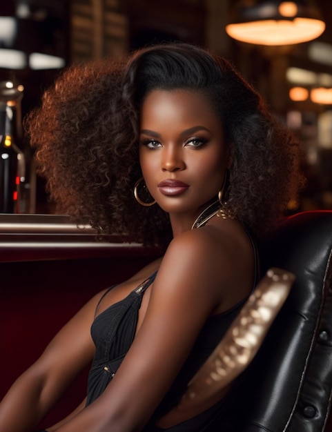 A woman sits in a bar wearing a black dress and a black leather bootie.