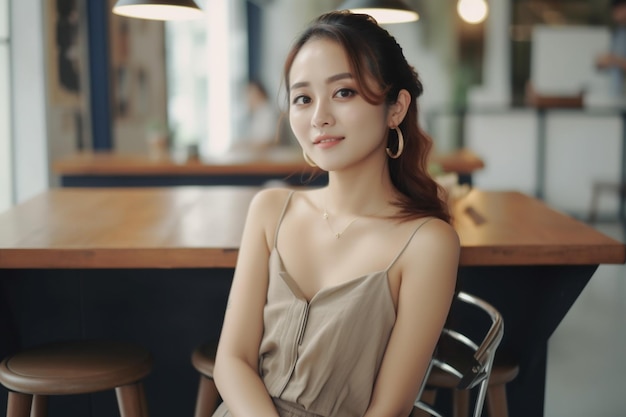 A woman sits in a bar wearing a tan dress and a gold hoop earrings.