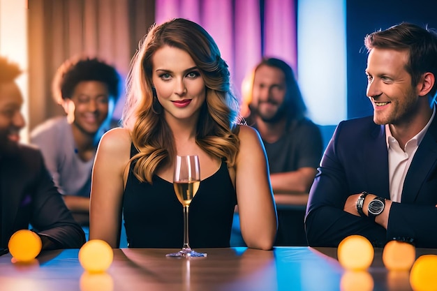 A woman sits at a bar with a glass of wine.