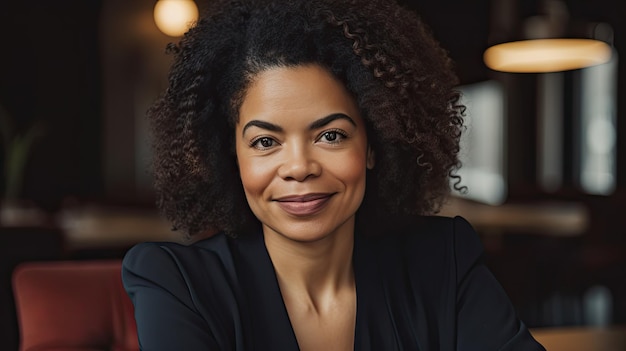 A woman sits in a bar with her arms crossed and smiles.