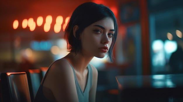 A woman sits in a bar with a red light behind her.