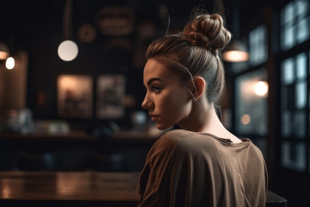 A woman sits at a bar with a sign that says'the word coffee'on it