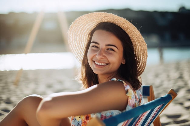 Женщина сидит на пляже в шезлонге в шляпе и шляпе от солнца.
