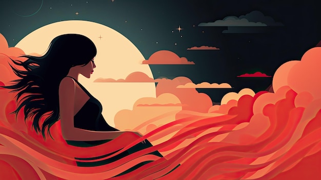 보름달 아래 해변에 한 여자가 앉아 있다.