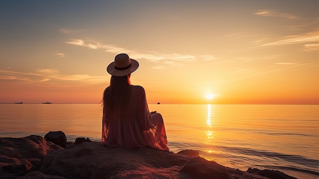 Foto una donna si siede sulla spiaggia a fissare il romantico tramonto sul mare