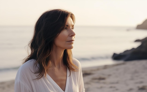 A woman sits on a beach looking at the ocean