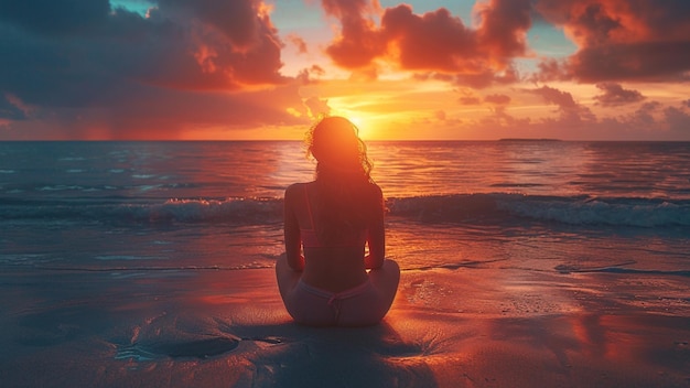 a woman sits on the beach and looks at the sunset