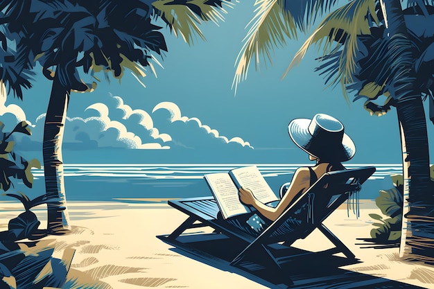 A woman sits on a beach reading a book.