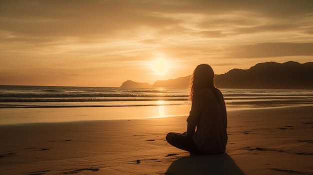 A woman sits on a beach watching the sunset.