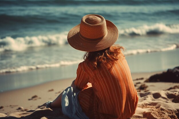 A woman sits on a beach wearing a hat and a blue and white striped shirt.