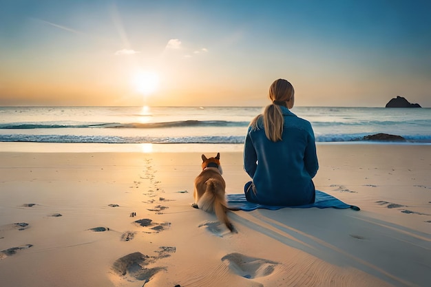 A woman sits on a beach with her dog and looks at the ocean.