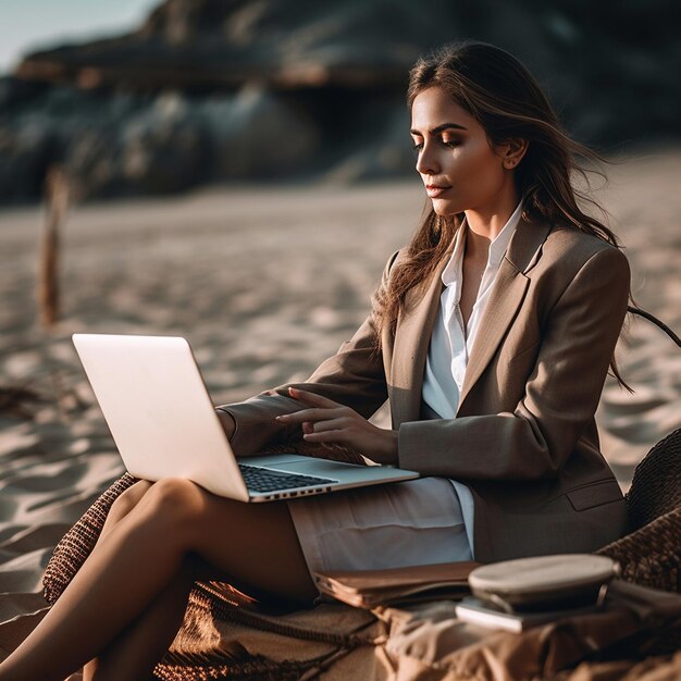 a woman sits on a beach with a laptop