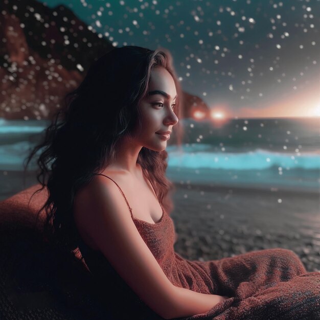 A woman sits on a beach with the sun shining on her face.