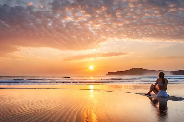 A woman sits on a beach with a sunset in the background.