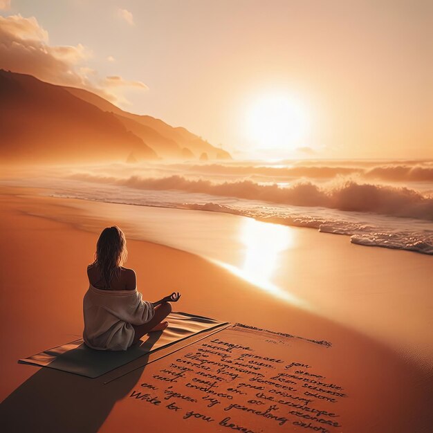 Photo a woman sits on a beach with the words quot were in the middle of the ocean quot