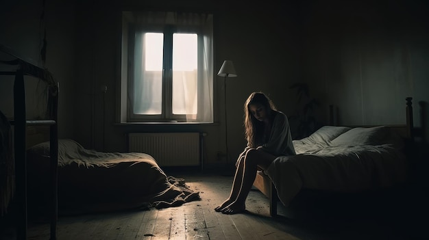 A woman sits on a bed in a dark room with a window that says'i'm not a girl '