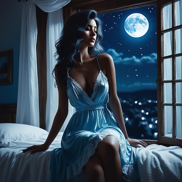 a woman sits on a bed in front of a window with the moon in the background