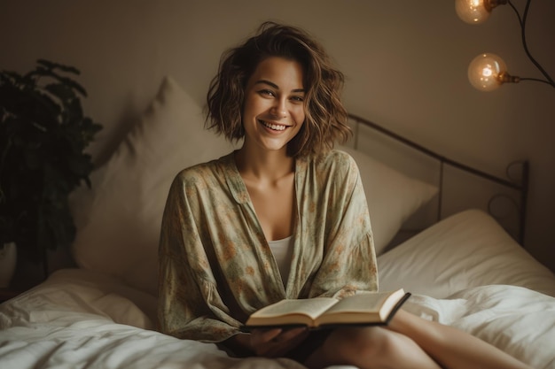 Женщина сидит на кровати и читает книгу.