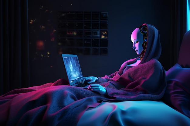 A woman sits in bed with a laptop in front of her.