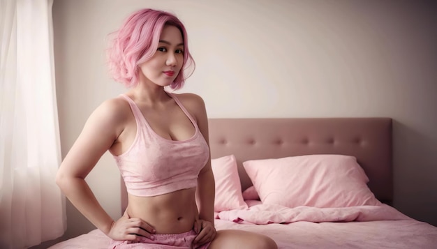 Photo a woman sits on a bed with pink hair