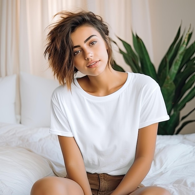 a woman sits on a bed with a plant in the background