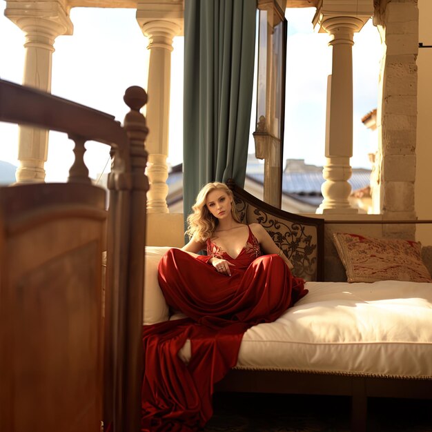 Foto una donna si siede su un letto con una coperta rossa